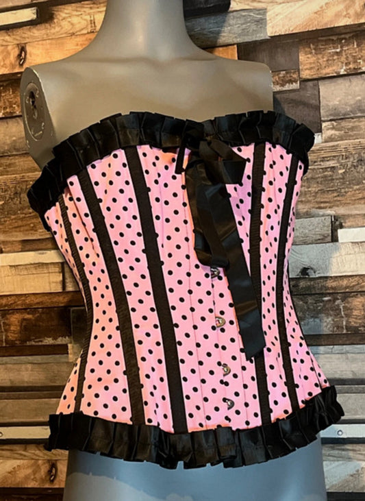 BLACK AND PINK POLKA DOT BONED CORSET