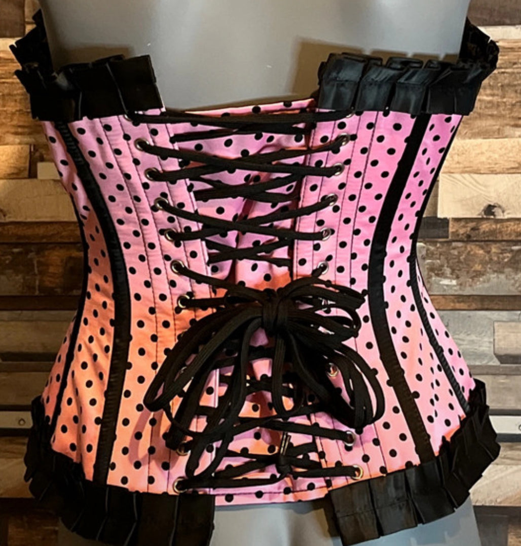 BLACK AND PINK POLKA DOT BONED CORSET